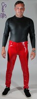 Mens jean style pants with fly zipper front, rear patch pockets, and belt loops by Suzi Fox in stretch Vinyl pvc 