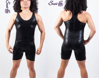 Racerback Singlet shown in Black faux leather look Metallic Foil, custom made by Suzi Fox.