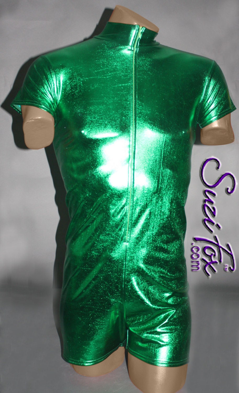 Mens Romper Bodysuit Shown in Shiny Green Metallic Foil Coated Spandex by  Suzi Fox. 