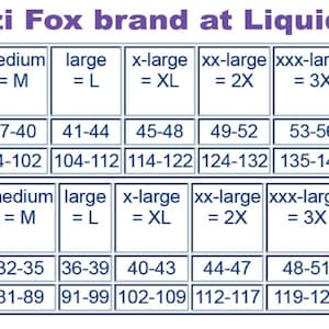 May include: A chart showing men's sizing for a clothing brand called Suzi Fox. The chart shows sizes from xx-small to xxxxxx-large, with corresponding measurements in US inches and centimeters for both chest and waist.