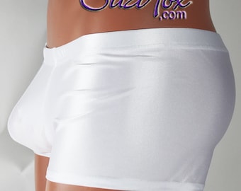 Pouch front Shorts shown in White Milliskin Tricot Spandex by Suzi Fox