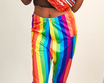 Rainbow Stripe Spandex Jogger Pants, Pride, EDC Rave Festival Wear