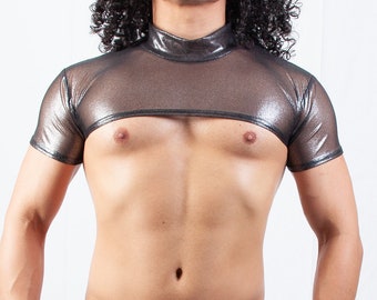 Mens Open Chest Quarter Tee Shirt shown in Black-Silver See-Through Mesh by Suzi Fox