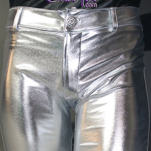 Mens jean style pants with fly zipper front, rear patch pockets and belt loops by Suzi Fox in Metallic Foil coated Spandex