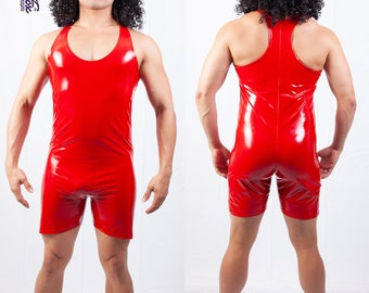 Racerback Singlet shown in Red Stretch Gloss Vinyl PVC custom made by Suzi Fox.