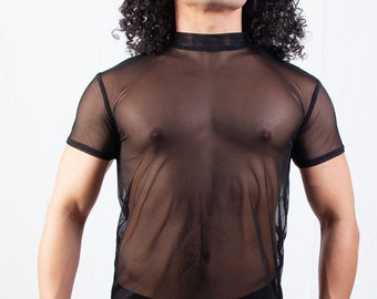 Mens Short Sleeve Tee Shirt shown in Black See-Through Mesh by Suzi Fox