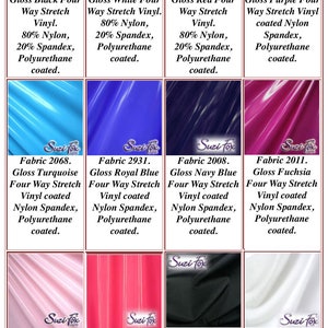 May include: A collection of 12 fabric swatches in various colors, including black, white, red, purple, turquoise, blue, fuchsia, light pink, neon pink, and white. Each swatch is labeled with a fabric number and description, such as "Gloss Black Four Way Stretch Vinyl" and "Gloss White Four Way Stretch Vinyl".
