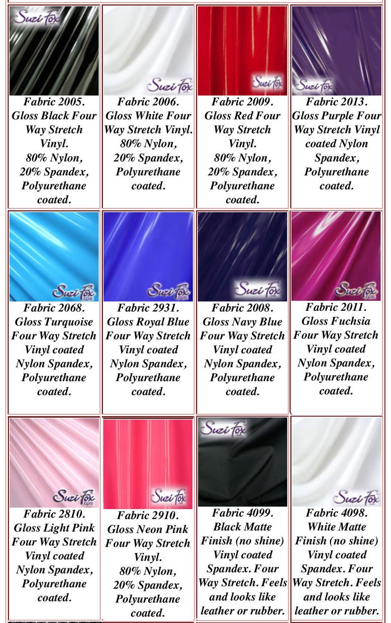 May include: A collection of 12 fabric swatches in various colors, including black, white, red, purple, turquoise, blue, fuchsia, light pink, neon pink, and white. Each swatch is labeled with a fabric number and description, such as "Gloss Black Four Way Stretch Vinyl" and "Gloss White Four Way Stretch Vinyl".