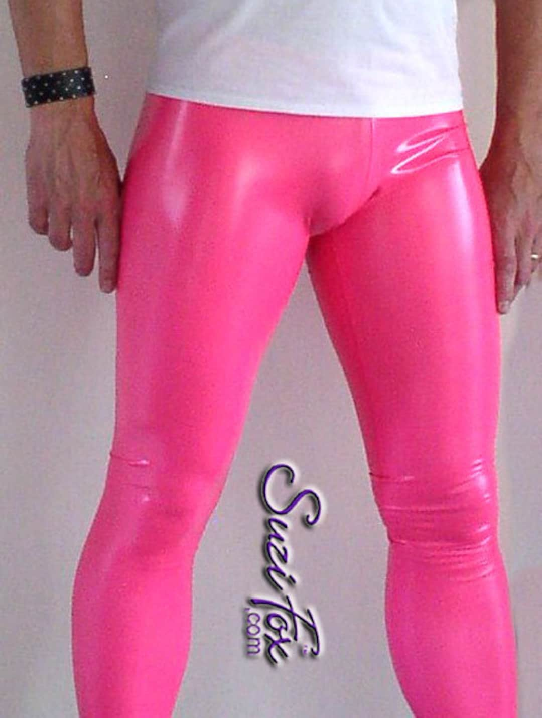 Leggings shown in wetlook spandex red custom made by Suzi Fox