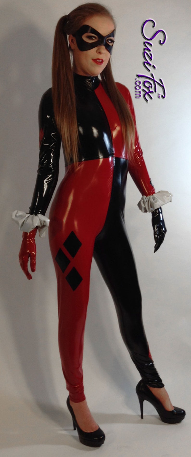 Harley Quinn Catsuit Costume in Red and Black Stretch