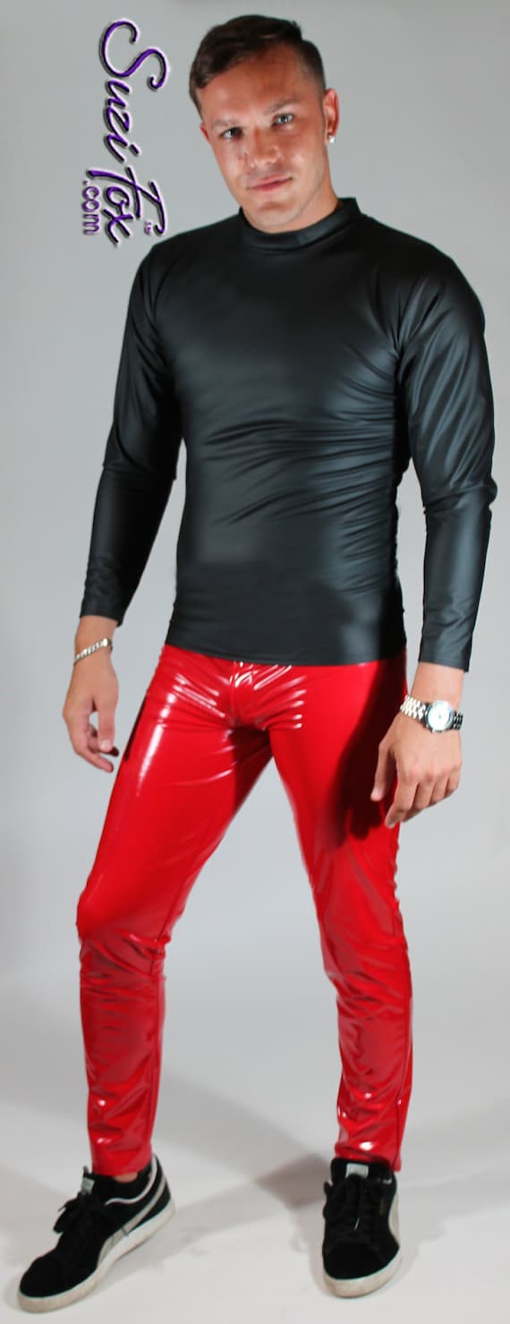 Mens Long Sleeved Tee Shirt shown in Black Matte (no shine) Faux Leather Look Stretch Vinyl coated Spandex by Suzi Fox.