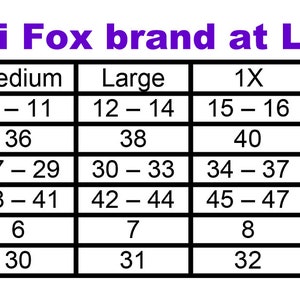 May include: A chart showing women's sizing for the Suzi Fox brand at LiquidVinylClothing.com. The chart lists sizes from XXS to 6X and includes measurements for bust, waist, hip, panty size, and torso.