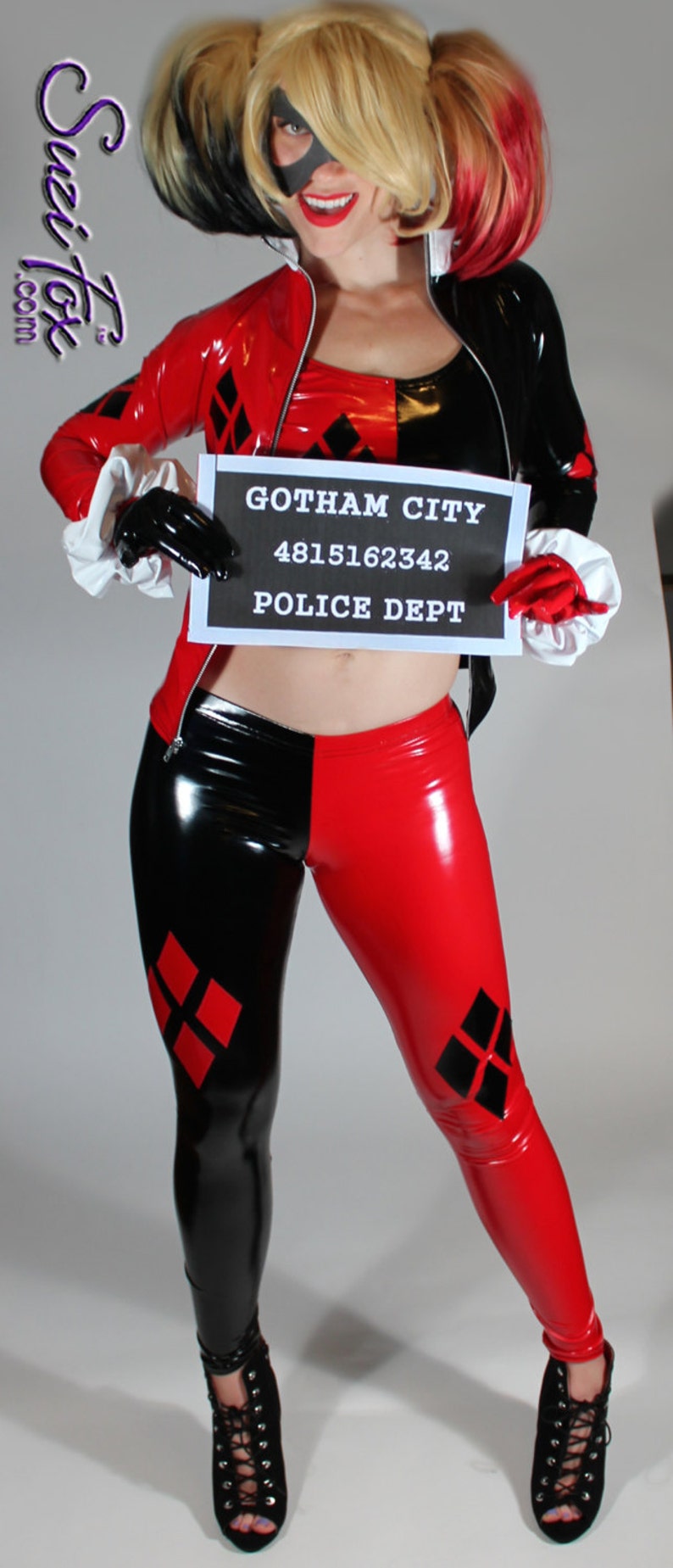 Harley Quinn style Leggings in Stretch Gloss Black and Red Vinyl pvc by Suzi Fox