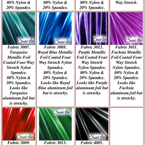 Op de afbeelding: Een display van stofstalen met metallic folie-afwerkingen, waaronder goud, zilver, koper, gunmetal, turquoise, koningsblauw, paars, fuchsia, rood en Kelly groen. De stoffen zijn een vierweg stretch nylon spandex mix.