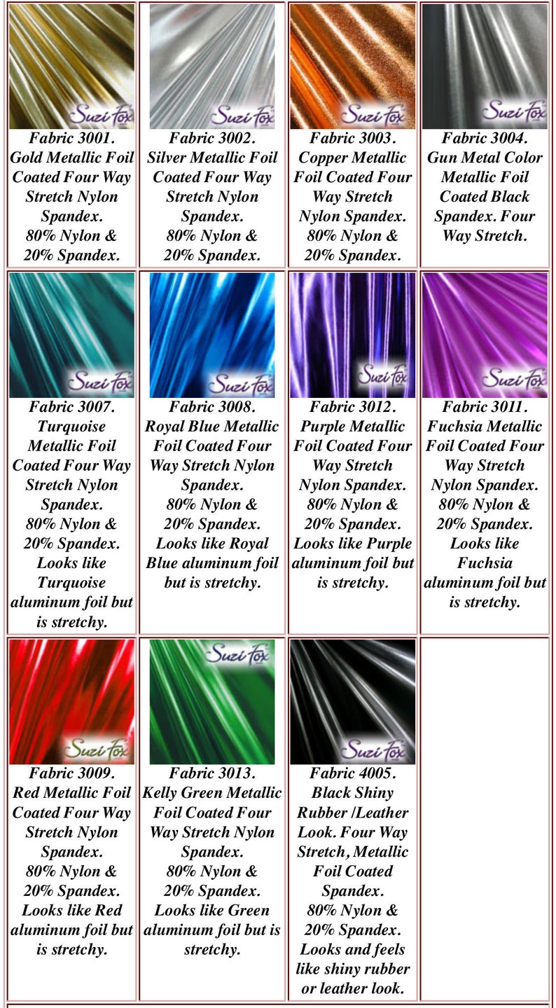 Op de afbeelding: Een display van stofstalen met metallic folie-afwerkingen, waaronder goud, zilver, koper, gunmetal, turquoise, koningsblauw, paars, fuchsia, rood en Kelly groen. De stoffen zijn een vierweg stretch nylon spandex mix.