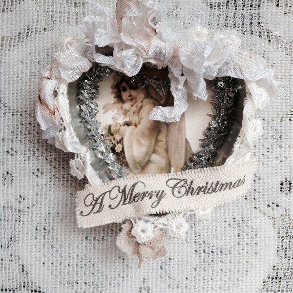 Heart Tart Tin Christmas Ornament, Vintage Shabby Lace Ornament, Tatted Lace Ornament, Shabby Chic Tart Tin Ornament, Victorian Ornaments