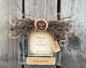 Cadre photo personnalisé ornement primitif primitif rustique en bois de grange d'Halloween d'automne