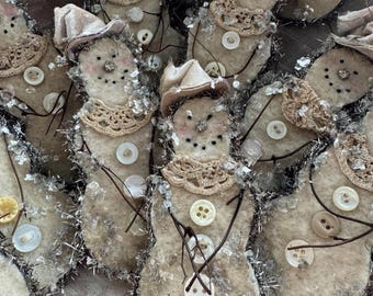 Bonhomme de neige : boutons vintage, chapeau en velours