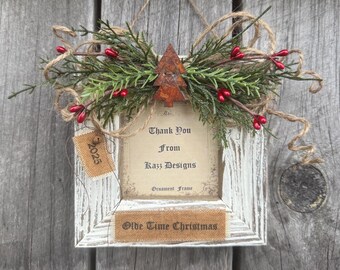 Ornement de cadre photo de Noël en bois de grange rustique personnalisé