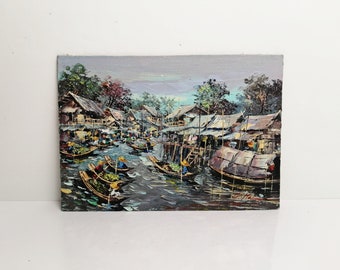 Original Signed Oil Painting on Board ~ Village Canal Scenery