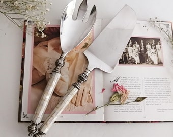 Silver Plated Cake Server & Serving Spoon ~ Mother-of-Pearl Handles