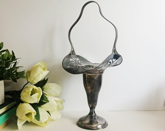 Silver Plated Victorian Bridal Basket ~ Rustic Wedding Vase with Stationary Handle