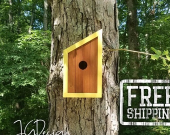Birdhouse- Modern Wooden Birdhouse- Minimalist- Yellow Honey Glaze - Traditional Cherry Cedar Face- Unique Outdoor Bird House- Father's Day