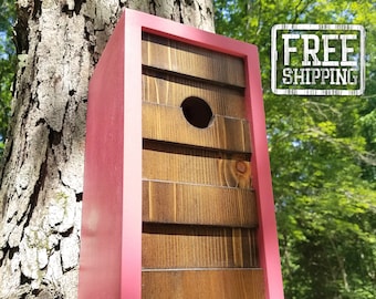 Birdhouse- Modern Wooden Birdhouse- Pink Cherry Fizz with Jacobean Cedar Face- Unique Outdoor Bird House - Father's Day