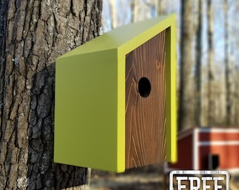 Modern Handmade Wooden Birdhouse - Minimalist - Spring Green with Kona Cedar Face - Unique Housewarming / Closing Gift - Father's Day