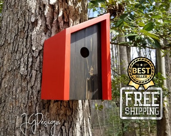 Birdhouse- Modern Wooden Birdhouse- Minimalist- Red with Ebony Stained Cedar Face- Unique Outdoor Bird House - Wedding Gift - Father's Day