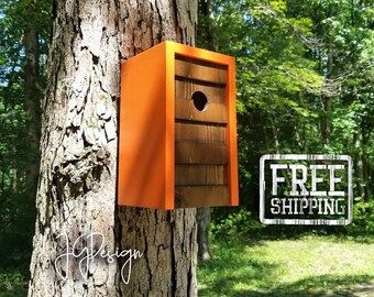 Birdhouse- Modern Wooden Birdhouse- Minimalist- Orange Bonfire Night - Dark Walnut Cedar Face- Unique Outdoor Bird House - Father's Day