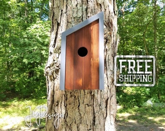 Birdhouse- Modern Wooden Birdhouse- Minimalist- Gray with Carrington Stained Cedar Face- Unique Outdoor Bird House - Father's Day