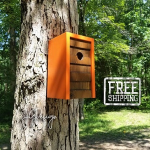 Birdhouse- Modern Wooden Birdhouse- Minimalist- Orange Bonfire Night - Dark Walnut Cedar Face- Unique Outdoor Bird House - Father's Day