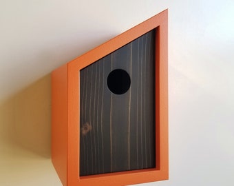 Birdhouse- Modern Wooden Birdhouse- Minimalist- Orange with Ebony Stained Cedar Face- Unique Outdoor Bird House - Father's Day