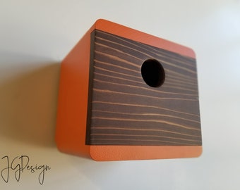 Birdhouse-Modern Wooden Birdhouse-Minimalist-Retro Design- Bonfire Orange with Dark Walnut Cedar Face-Unique Outdoor Bird House