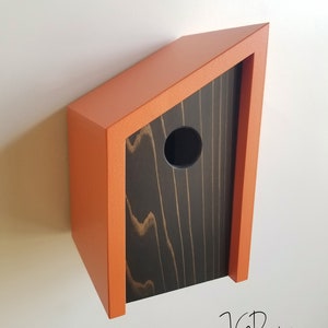 Birdhouse- Modern Wooden Birdhouse- Minimalist- Orange with Ebony Stained Cedar Face- Unique Outdoor Bird House - Father's Day