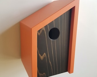 Birdhouse- Modern Wooden Birdhouse- Minimalist- Orange with Ebony Stained Cedar Face- Unique Outdoor Bird House - Father's Day