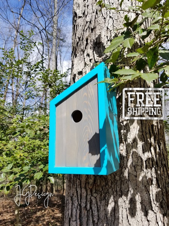 Birdhouse Modern Wooden Birdhouse Minimalist Blue Fiji With Etsy