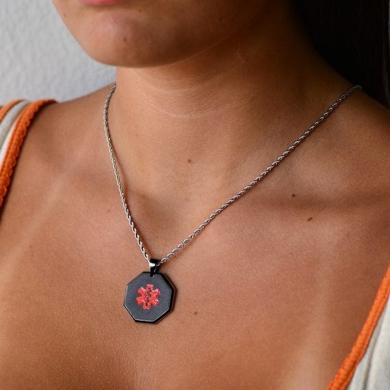 Medical ID Necklace for Her-Him - 2mm Thick Stainless Steel Alert Tag. Customize with QR up to 150 characters, or 5 lines, 80 characters