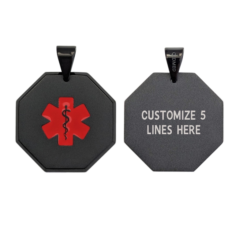 May include: Black octagon-shaped medical alert pendant with a red star of life symbol and a silver chain. The back of the pendant has the text "CUSTOMIZE 5 LINES HERE".