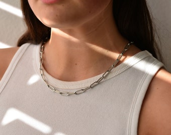 厚手のペーパークリップチェーンネックレス、サージカルグレードのステンレススチール製ジュエリー（ホワイトゴールドカラー）
