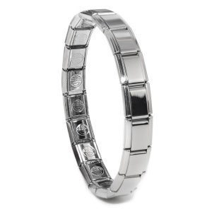 May include: A silver bracelet with a chain link design. The bracelet is made of metal and has a polished finish.