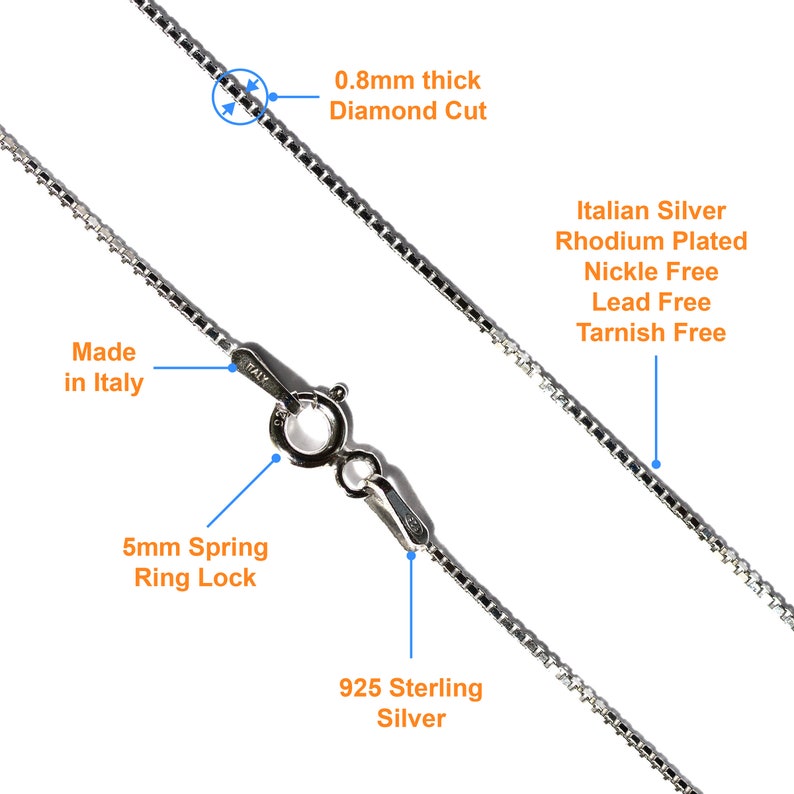 May include: A silver chain necklace with a 5mm spring ring lock. The chain is 0.8mm thick and has a diamond cut. It is made in Italy and is 925 sterling silver. The chain is rhodium plated, nickel free, lead free, and tarnish free.