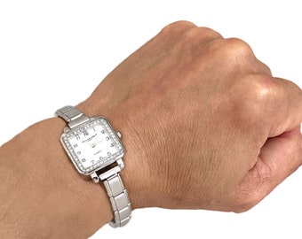 Orologio Dolceoro con charm italiano, bracciale da 9 mm, compatibile con TUTTE le marche, quadrante con perle, vetro al quarzo, cassa rotonda o quadrata, tipo di maglia - scegli uno stile