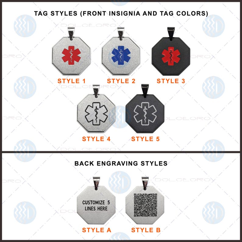 May include: Five different styles of medical alert tags with various colour options. The tags are octagonal shaped with a medical symbol and a snake. The back of the tags can be engraved with a customisable message or a barcode.