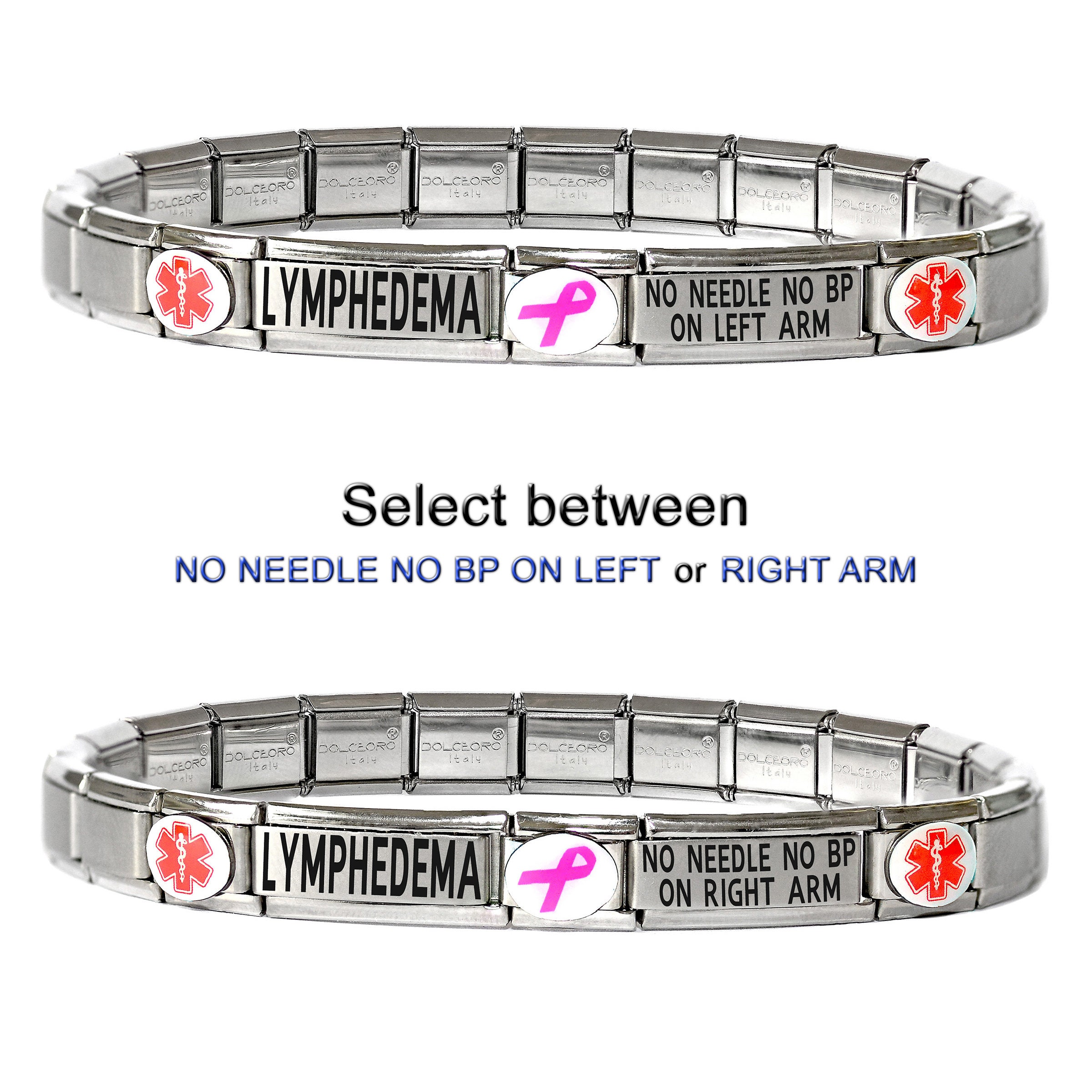 No Needle No B P on Left Arm or Right Arm Bracelet Medical ID Alert Stretchable Sizable Italian Charm for Men or Women