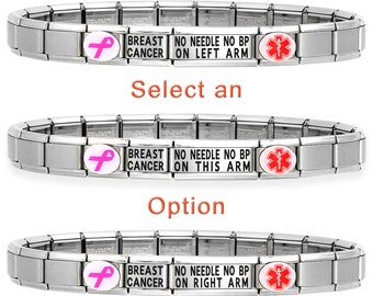 Breast Cancer No Needle No BP on Arm — Medical Alert Bracelet — Italian Charm ID — Sizable & Stretchable Women Medical Bracelet