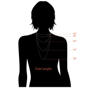 May include: A silhouette of a person wearing a necklace with different chain lengths marked in inches, from 16 inches to 30 inches. The text "Chain Lengths" is below the silhouette.