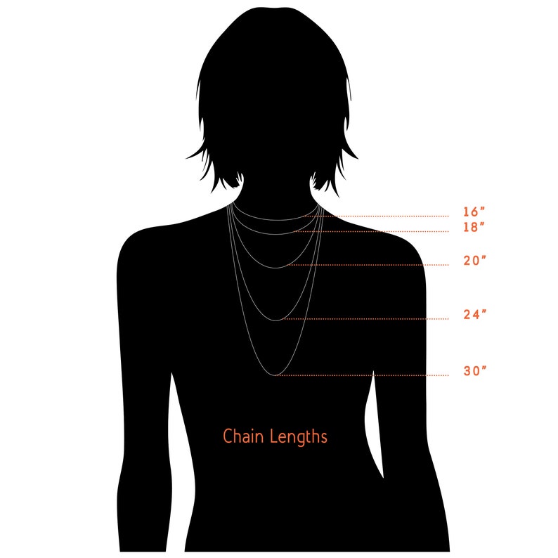 May include: A silhouette of a person wearing a necklace with different chain lengths marked in inches, from 16 inches to 30 inches. The text "Chain Lengths" is below the silhouette.