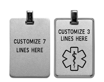 Medical ID Necklace for Her-Him, 2mm Thick Stainless Steel Alert Tag in 4 Colors. Customize 10 lines, 200 Characters + Select Chain Length